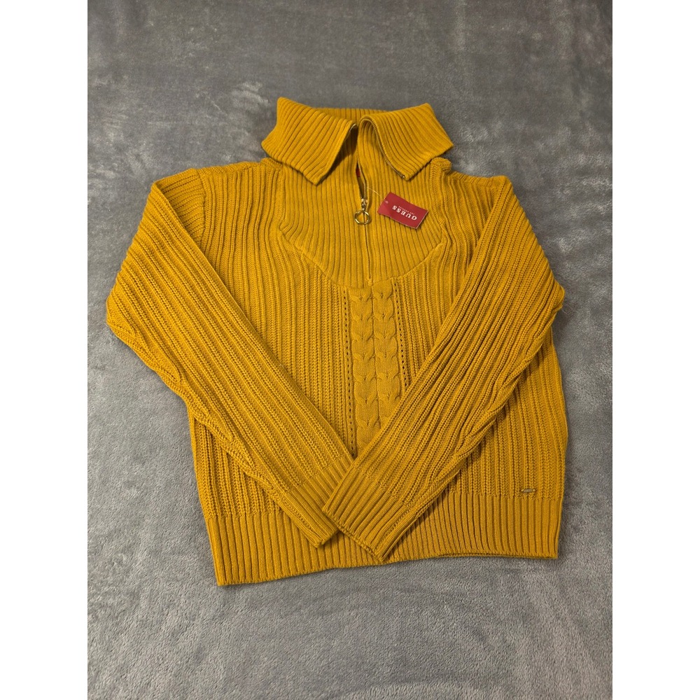 GUESS Women Mustard Yellow Ribbed Cable Knit Quarter Zip Sweater Large New